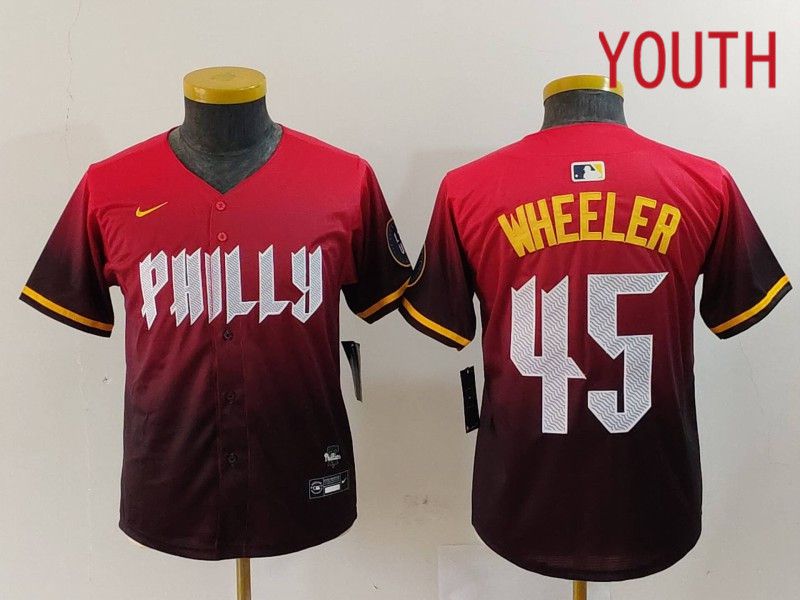 Youth Philadelphia Phillies #45 Wheeler Red City Edition 2024 Nike MLB Jersey style 1